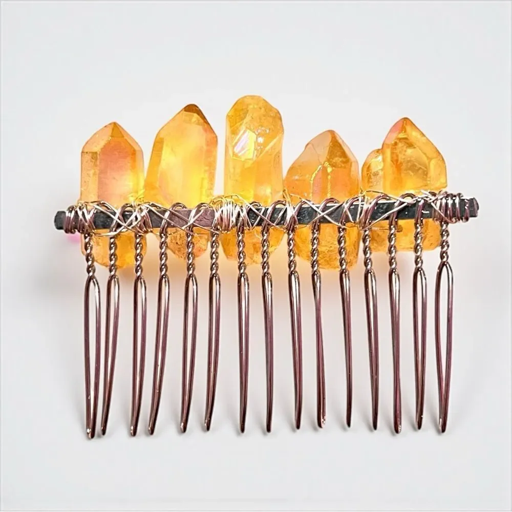 Handmade Genuine Yellow Quartz Crystal Hair Comb